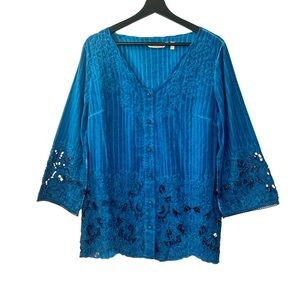 Soft Surroundings Esme Blouse Dyed Dark Blue Small Lace Relaxed Embellished Top
